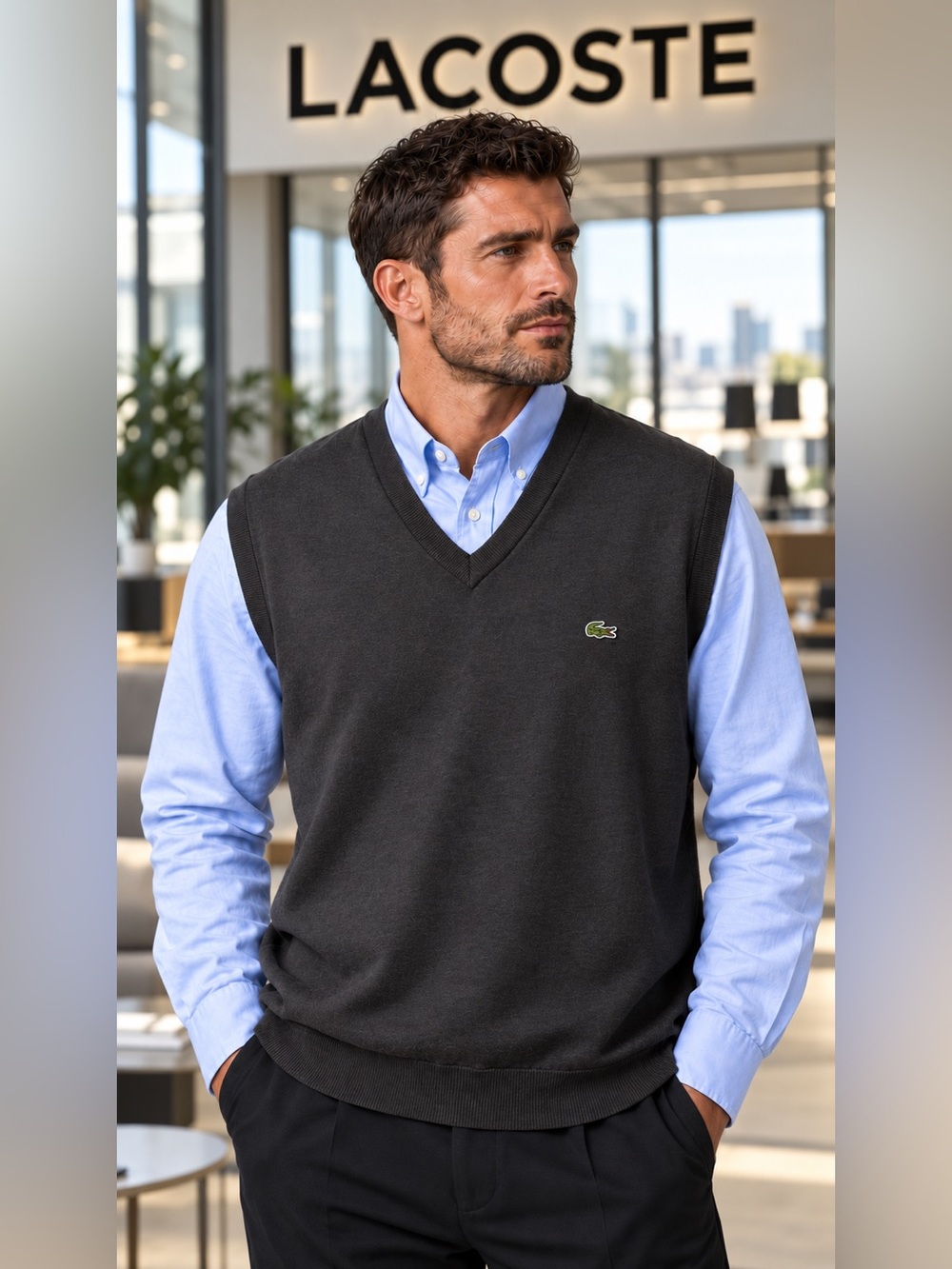 Lacoste Men’s XXL Size 7 Dark Charcoal Grey Cotton Sweater Vest